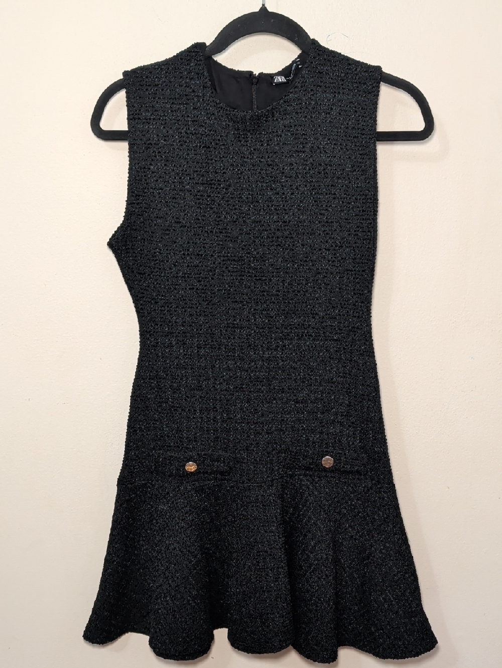 Zara Sleeveless Tweed Flared Mini Dress Black Green Schoolgirl NEW Womens Size S